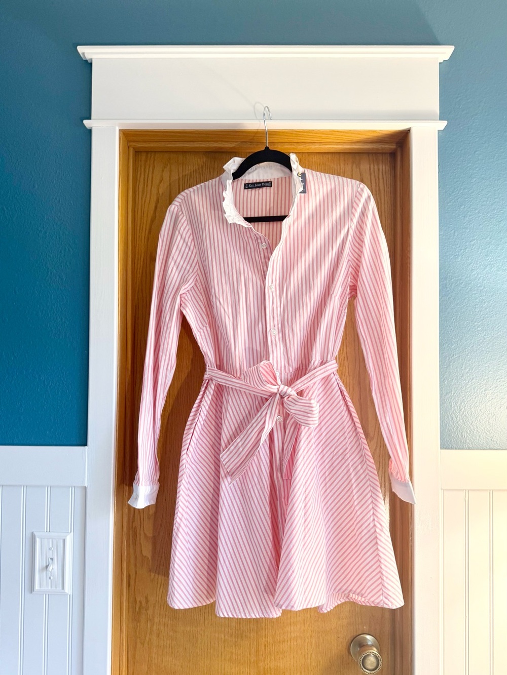 Kiel James Patrick 100% Cotton Pink Striped Shirt Dress with Tie Waist